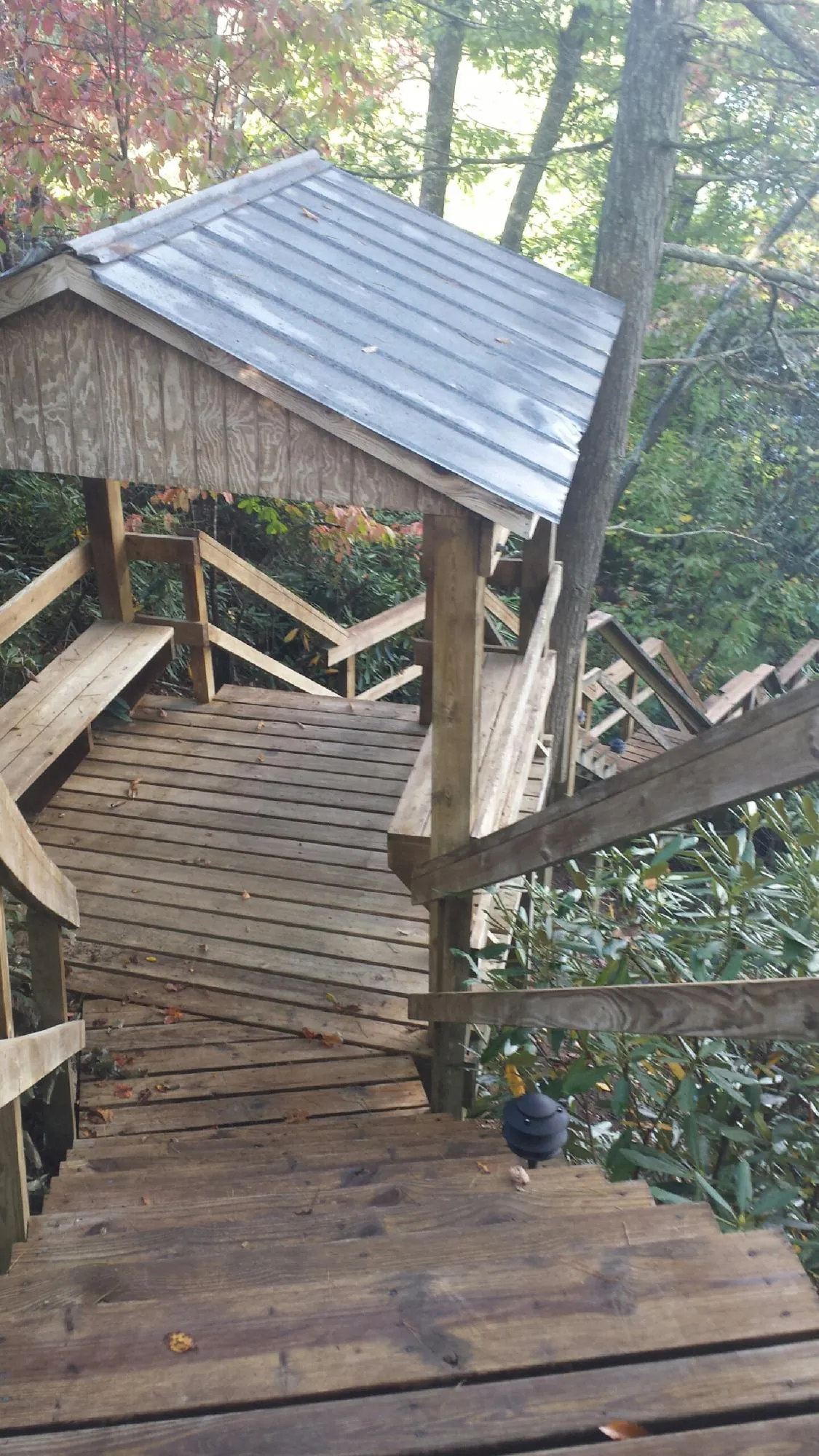 Metal roofed shelter over wooden steps on a wooded walkway — Skylight Repair & Installation work by our crew in Hebo